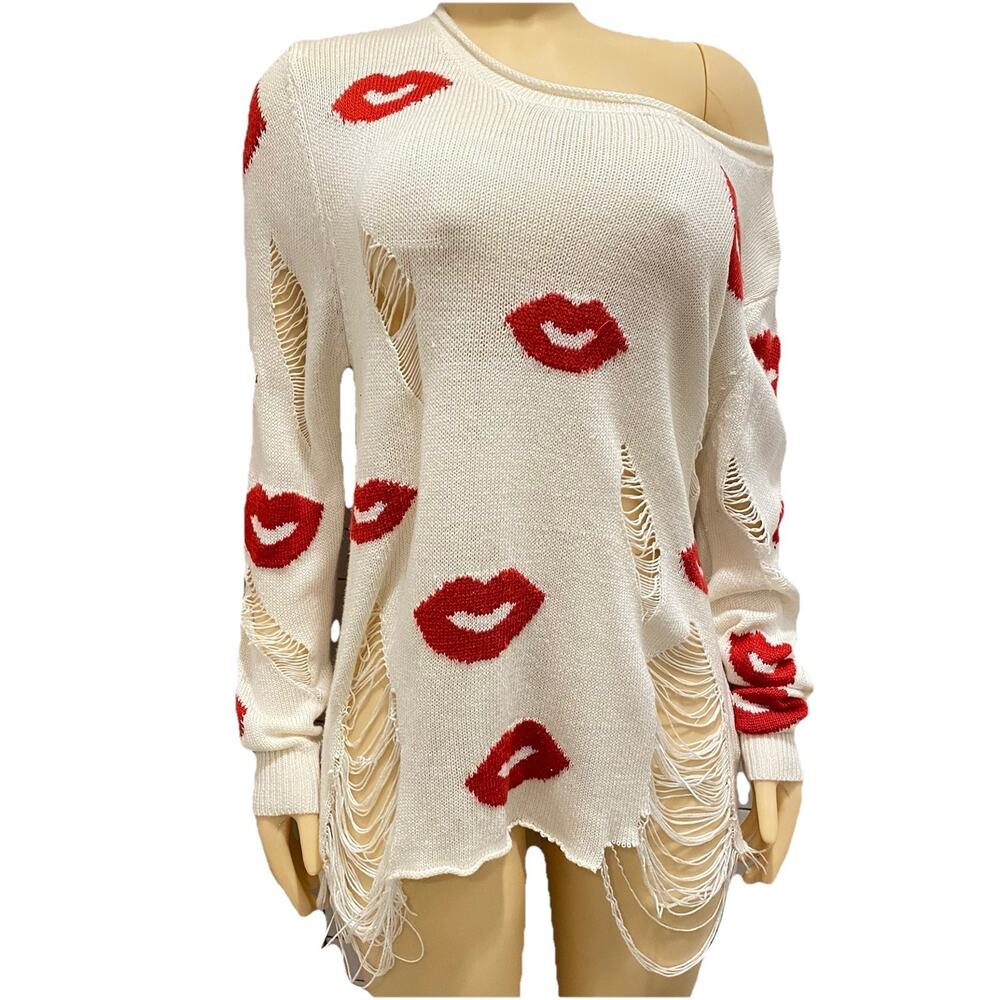 Love Tree Off Shoulder Oversized‎ Distressed Lips Kiss Sweater White Red M /L